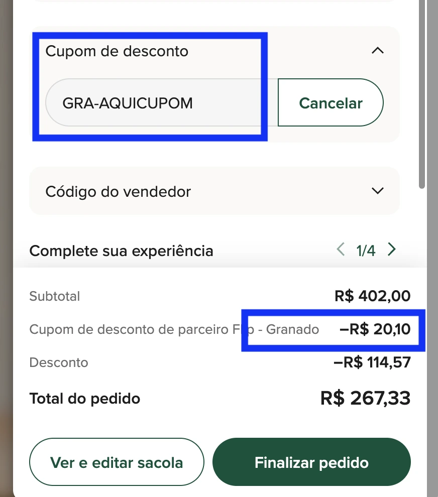 Cupom granado GRA-AQUICUPOM aplicado no site granado.com.br e liberando 5% de desconto